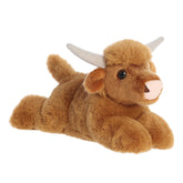 Charming Highland cow plush with long, wavy brown fur and horns, showcasing the beauty of Scottish wildlife, by Aurora.