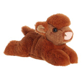 Soft plush Highland cow calf with long, wavy fur and horns, in rich brown, capturing the Scottish Highlands charm.