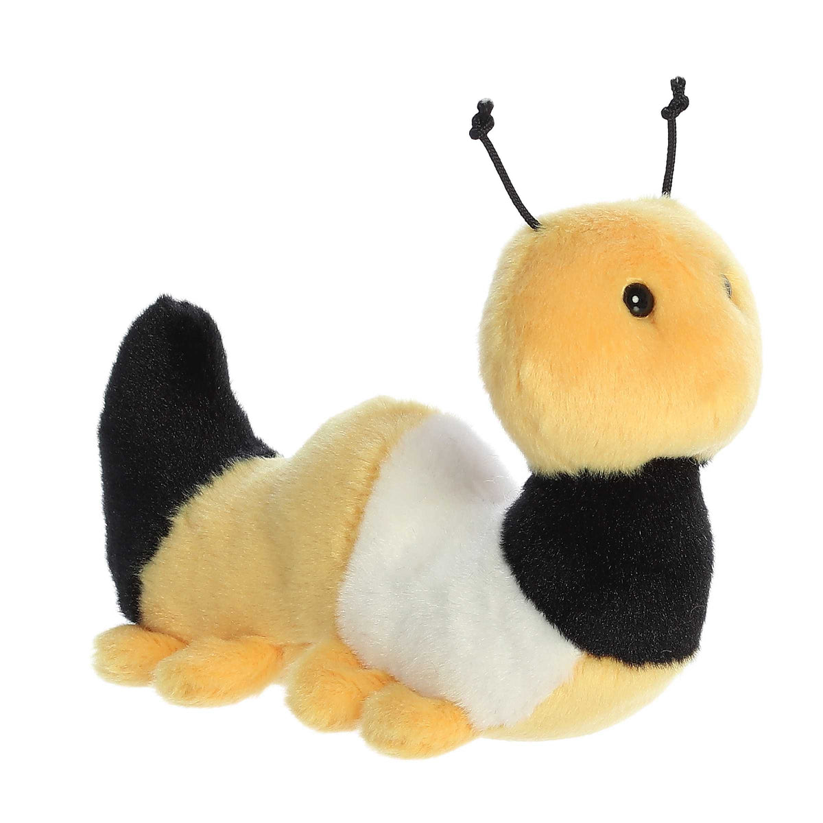 Colorful monarch caterpillar plush with black, white, and yellow stripes, perfect for educational and sensory play, by Aurora