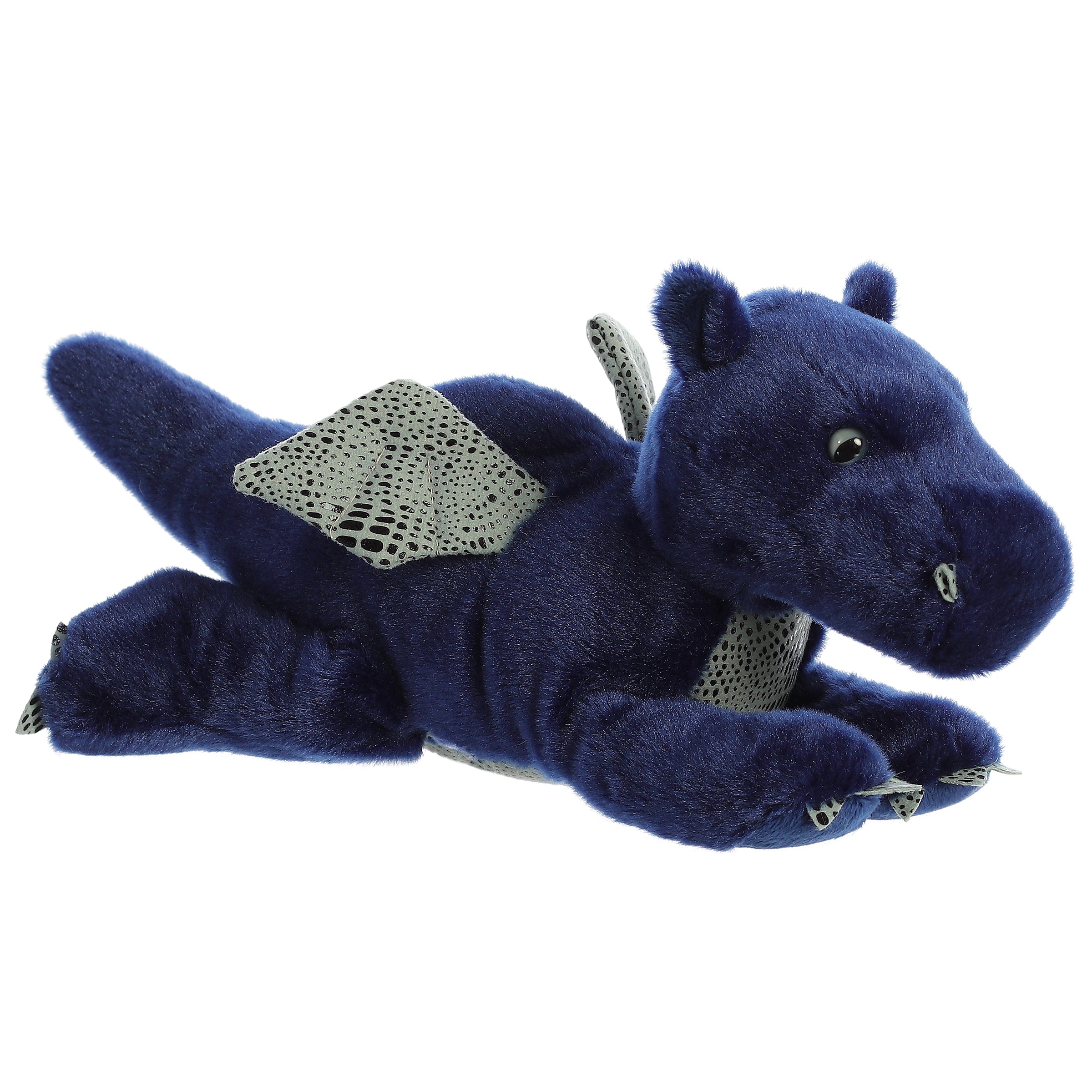 Plush toy of a blue dragon with silver wings and soft fur, ideal for fantasy adventures.