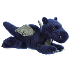 Plush toy of a blue dragon with silver wings and soft fur, ideal for fantasy adventures.