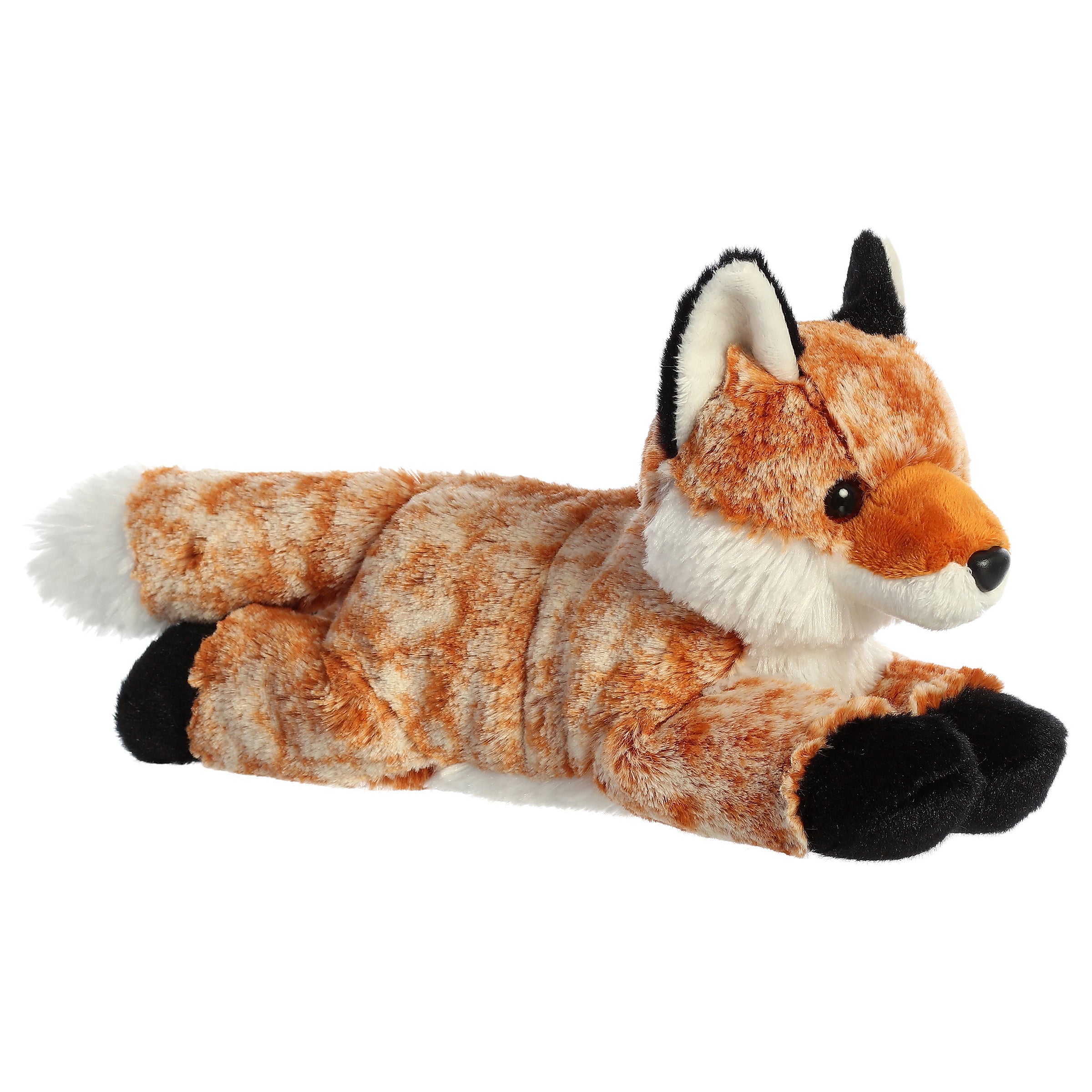 Plush toy of an orange fox with black paws and fluffy white tail, perfect for forest stories.