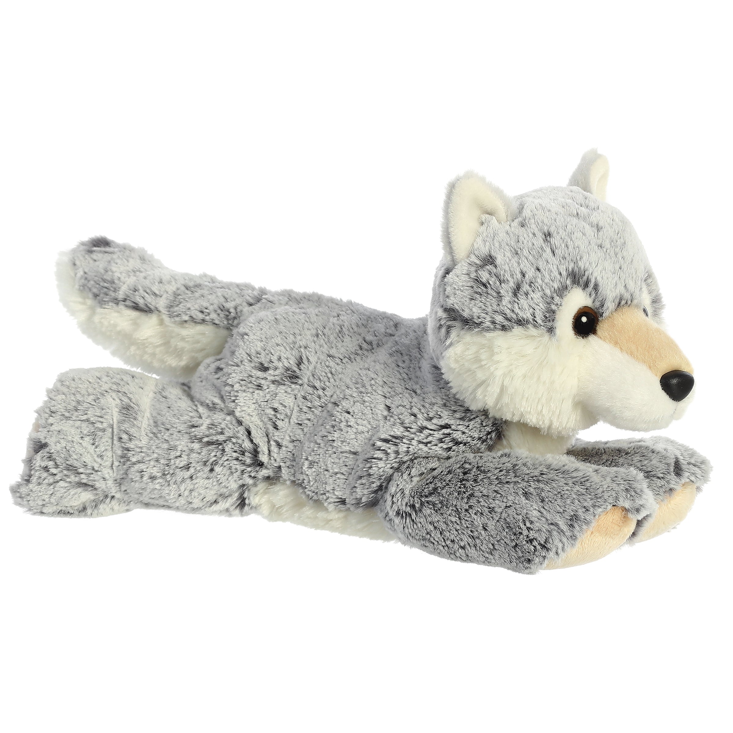 A gray wolf plush with fluffy tail and soft fur, great for snowy adventures by Aurora stuffed animals.