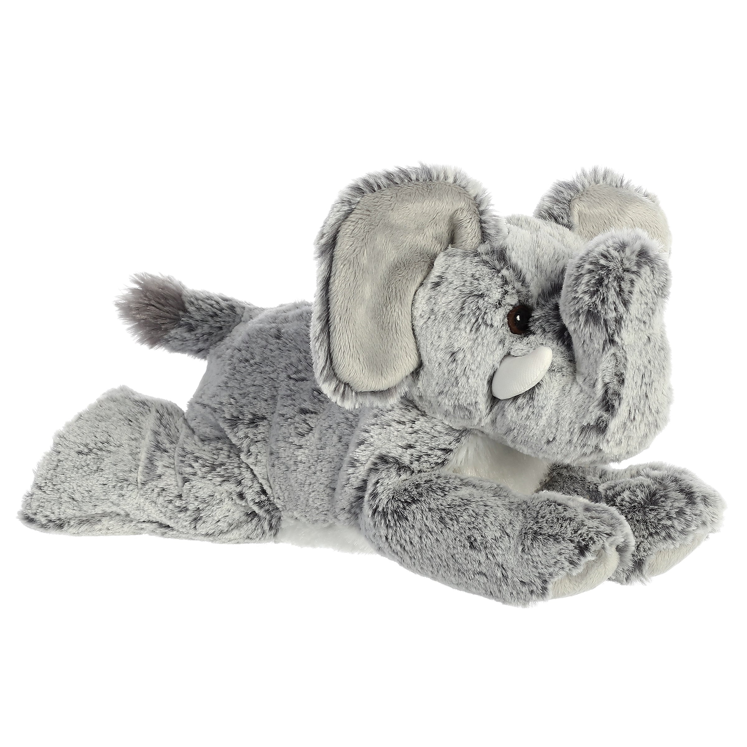 A gray elephant stuffed animal with soft fur, big floppy ears, and a round cuddly body.