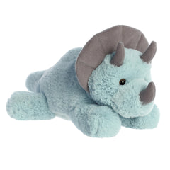 A soft blue triceratops dino plush with three gray horns and a brown frill, and lying down with a nice expression.
