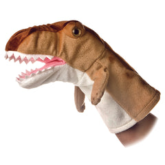 Hand puppet of a green T-Rex with soft teeth and soft fabric for prehistoric storytelling.