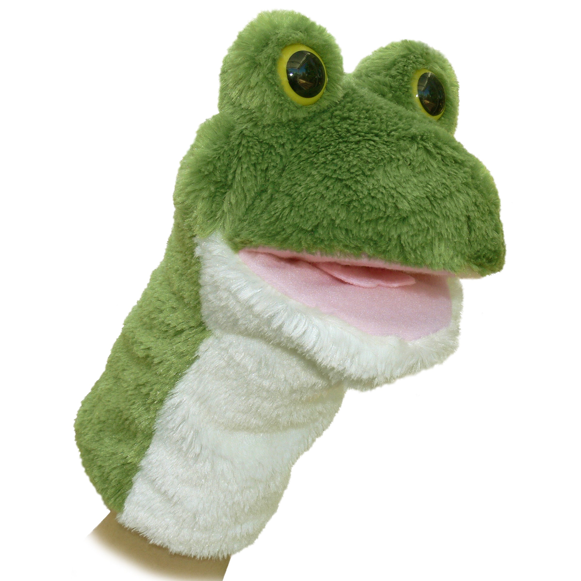 Hand puppet of a green frog with big eyes and plush body for creative storytelling.