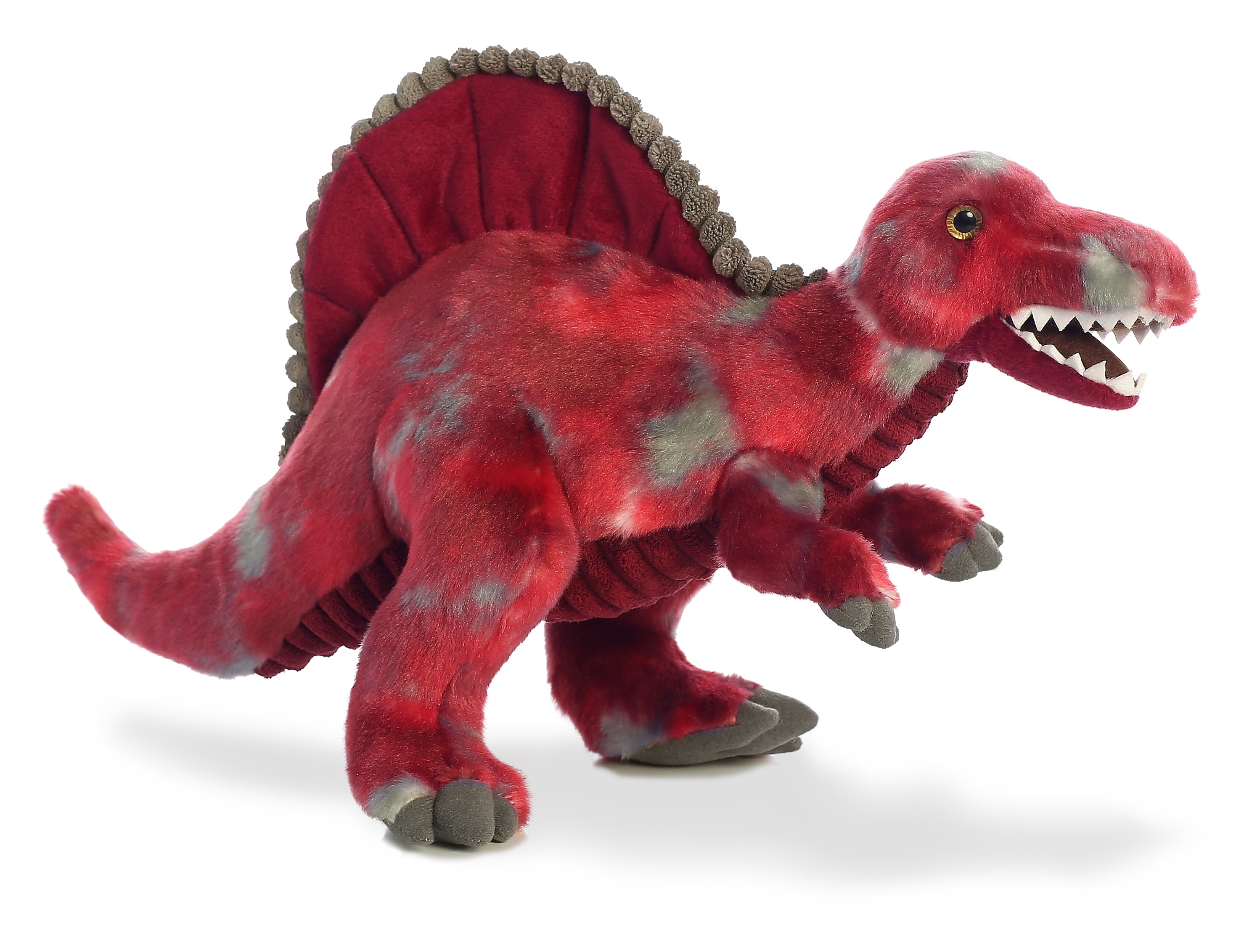 Spinosaurus plush from Dinos & Dragons by Aurora, red with dark patches, ideal for both play and educational discovery.
