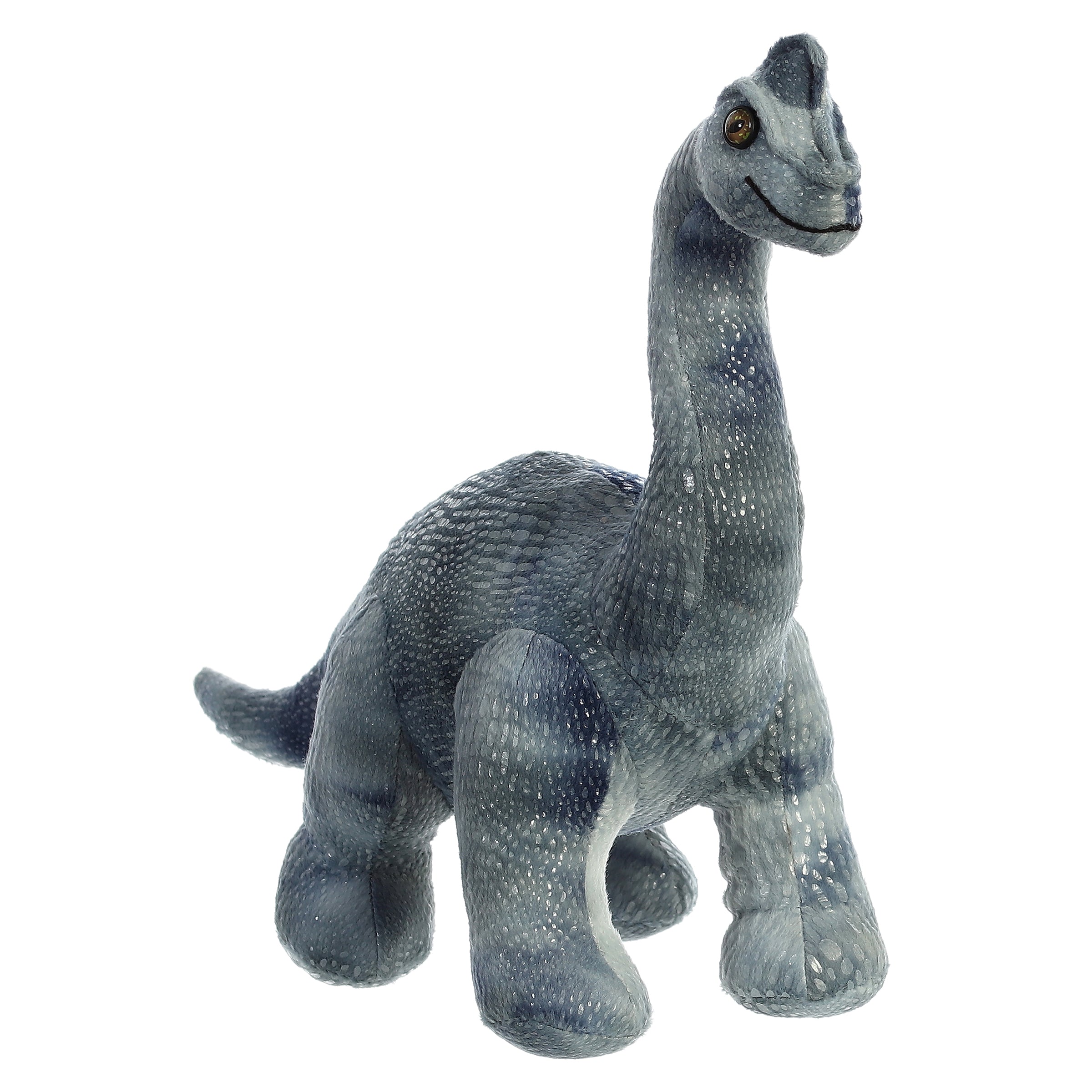 Diplodocus plush from Dinos & Dragons by Aurora, featuring textured blue skin and a long neck, great for educational fun.