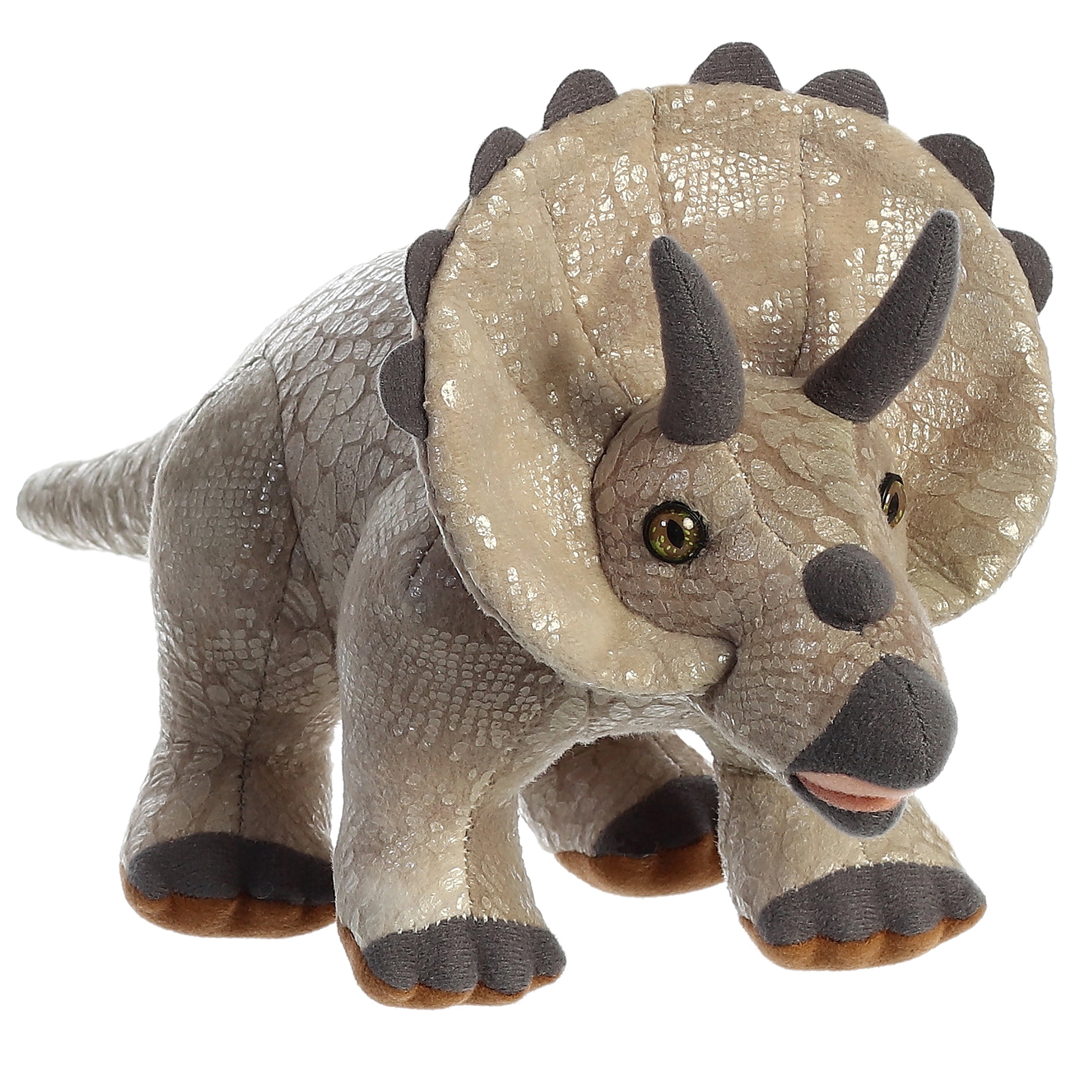 Triceratops plush from Dinos & Dragons by Aurora, featuring a shielded frill and spikes, ideal for collection and education.