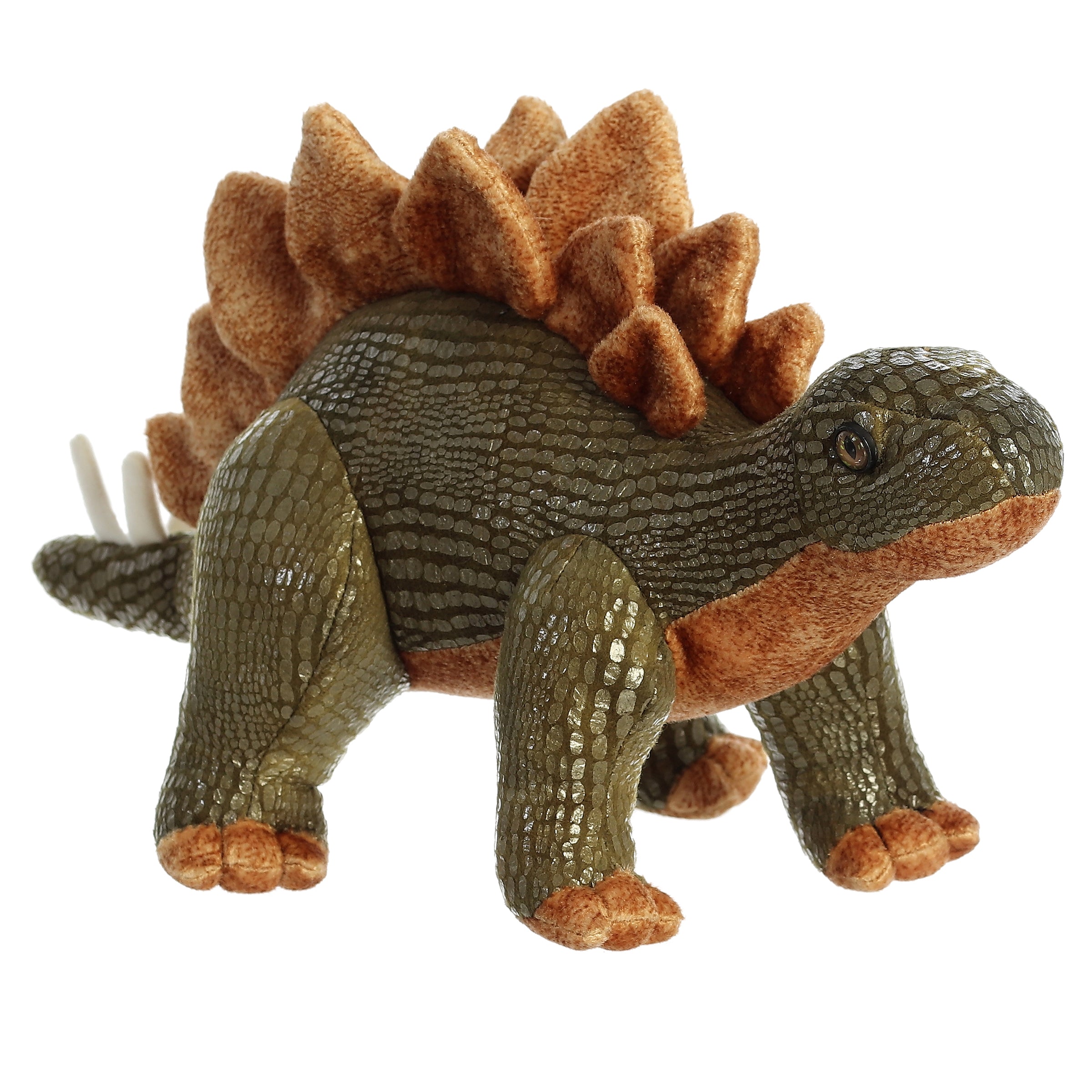Stegosaurus plush from Dinos & Dragons by Aurora, with green scales and brown plates, great for educational and playful fun.