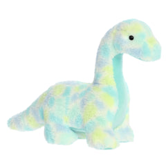 A Brachiosaurus dino plush showcasing a light blue and green watercolor blend, an artistic dinosaur stuffed animal