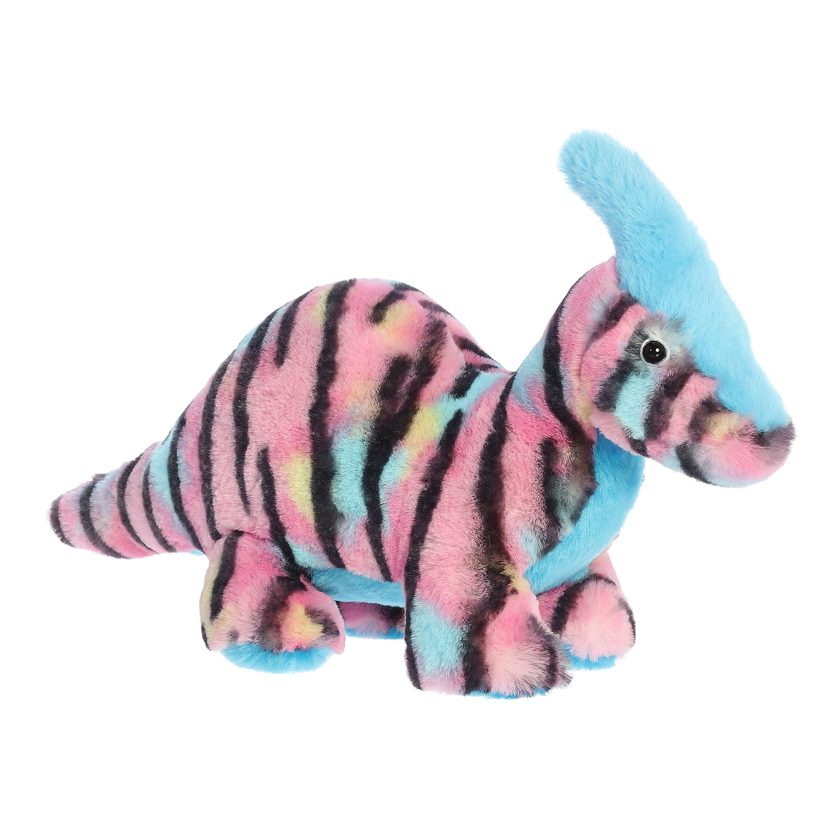 A Parasaur plush showcasing a vibrant pink body with contrasting black stripes, blue tummy, and a radiant sky-blue fur crest