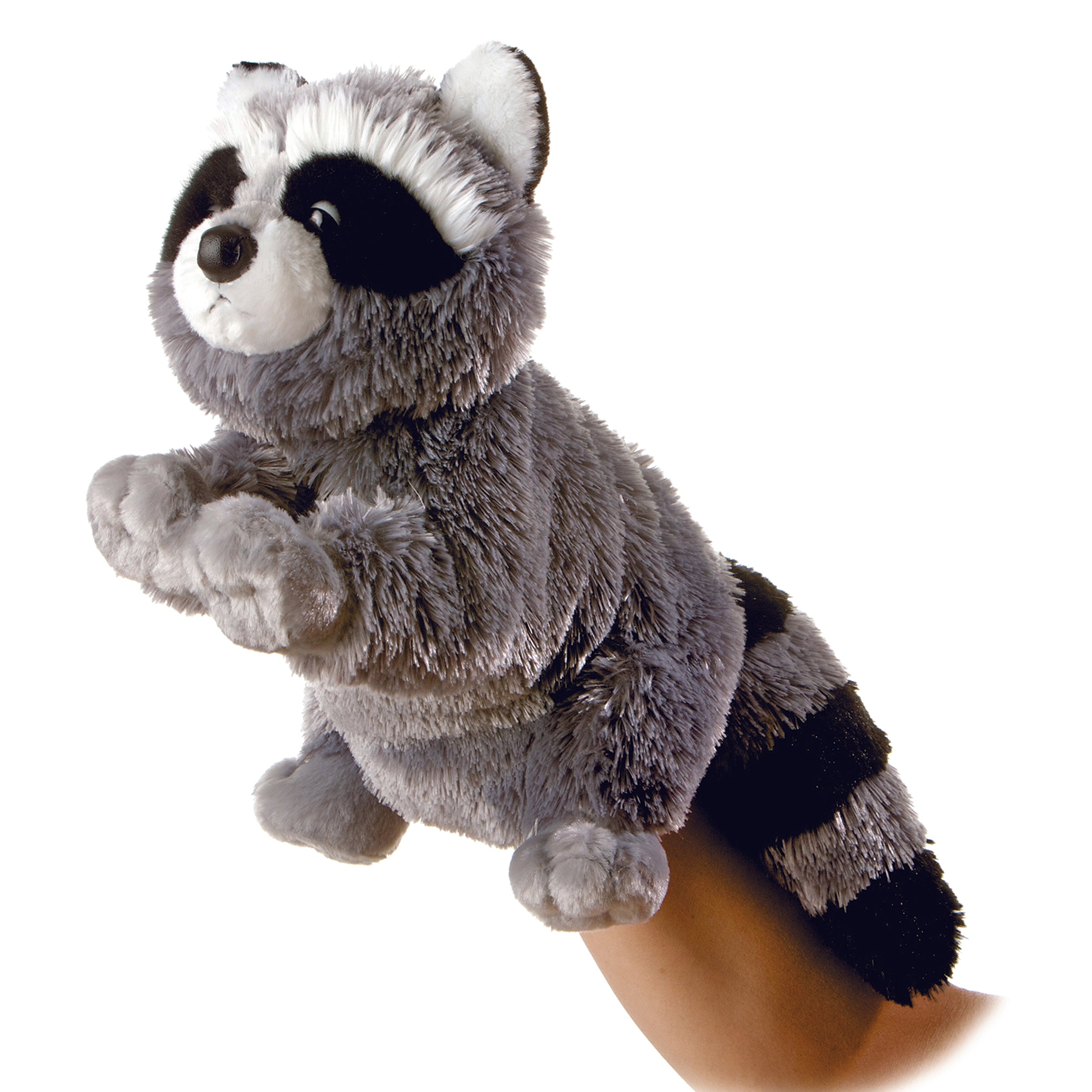 Bandit raccoon hand puppet by Aurora, with a distinctive mask and soft fur, perfect for creative and educational play