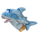 The Sharky shark hand puppet by Aurora, crafted in blue with a shimmering belly