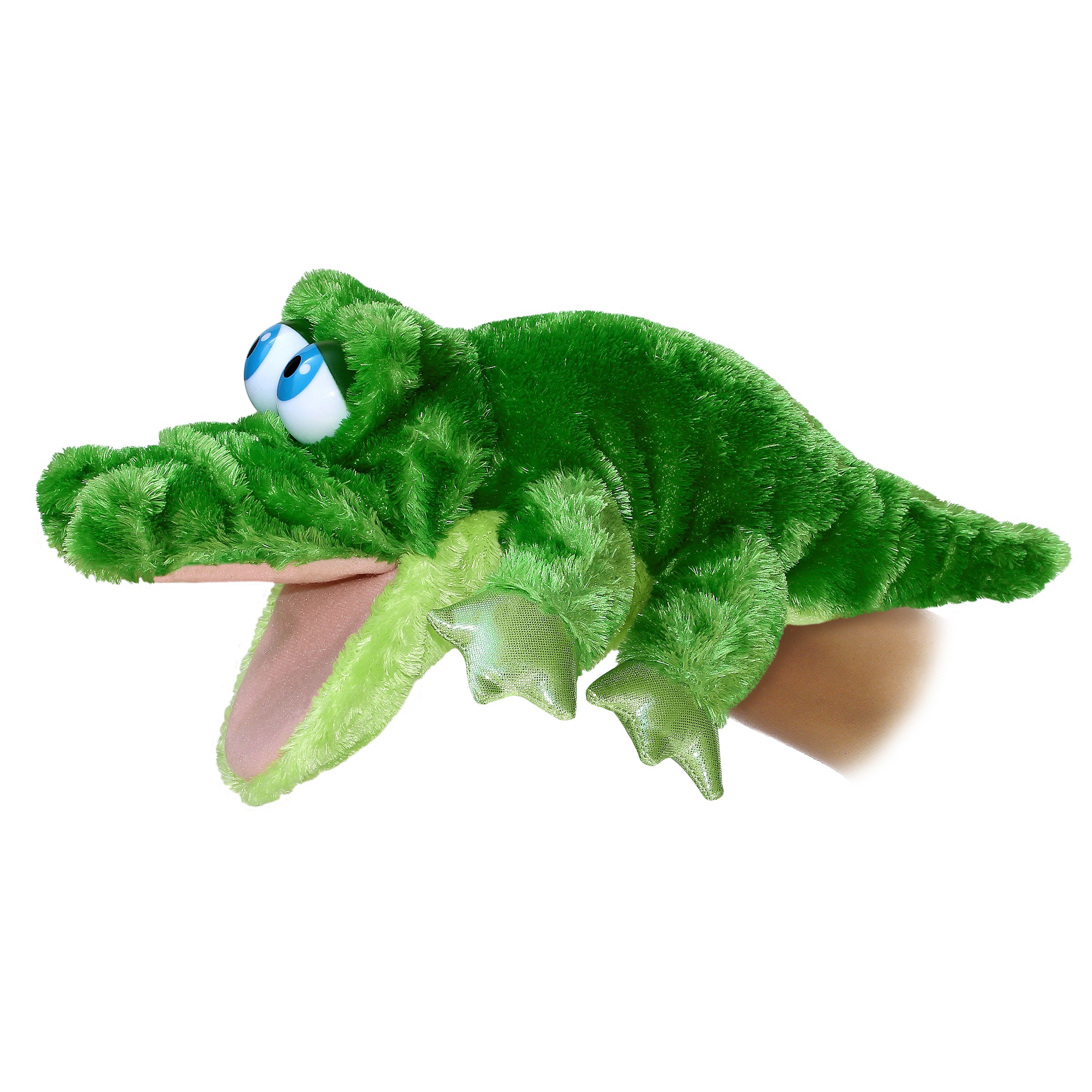 Grator alligator hand puppet by Aurora, featuring scaly textures and webbed feet