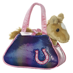 Betsey Bling plush horse from Fancy Pals by Aurora, featuring a vibrant sequined carrier and pink bow