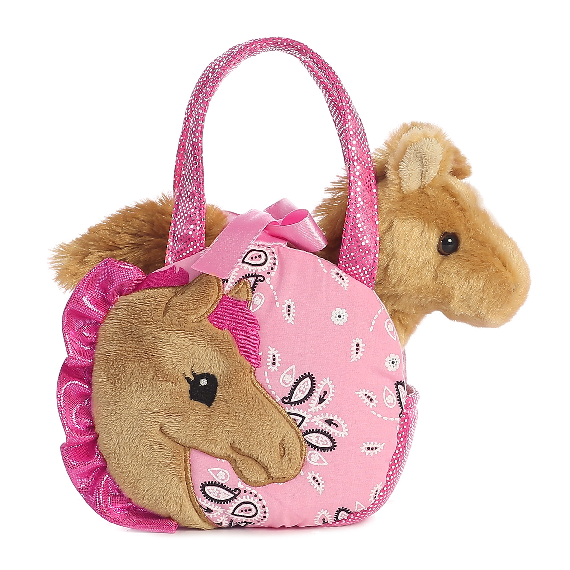 Pretty Pony plush from Fancy Pals by Aurora, housed in a vibrant red and blue carrier with a polka-dot bow