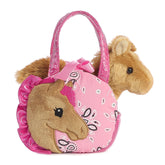 Pretty Pony plush from Fancy Pals by Aurora, housed in a vibrant red and blue carrier with a polka-dot bow