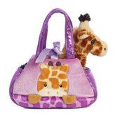 Peek-A-Boo Giraffe plush from Fancy Pals by Aurora, peeking from a polka-dot purple carrier