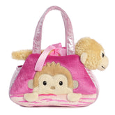 Peek-A-Boo Monkey plush from Fancy Pals by Aurora, with a curious look and nestled in a sparkling pink carrier