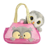 Peek-A-Boo Owl plush from Fancy Pals by Aurora, peeking from a pink sparkling carrier