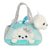 Peek-A-Boo Princess Puppy plush from Fancy Pals by Aurora, peeking from a turquoise carrier with a silver crown