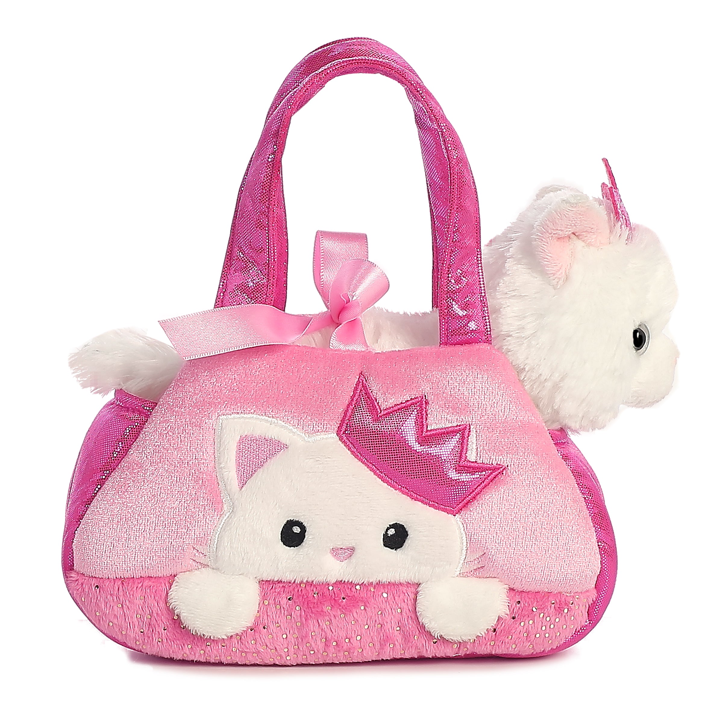 Peek-A-Boo Princess Kitty plush from Fancy Pals by Aurora, nestled in a vibrant pink carrier