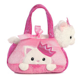 Peek-A-Boo Princess Kitty plush from Fancy Pals by Aurora, nestled in a vibrant pink carrier