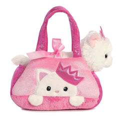 Peek-A-Boo Princess Kitty plush from Fancy Pals by Aurora, nestled in a vibrant pink carrier
