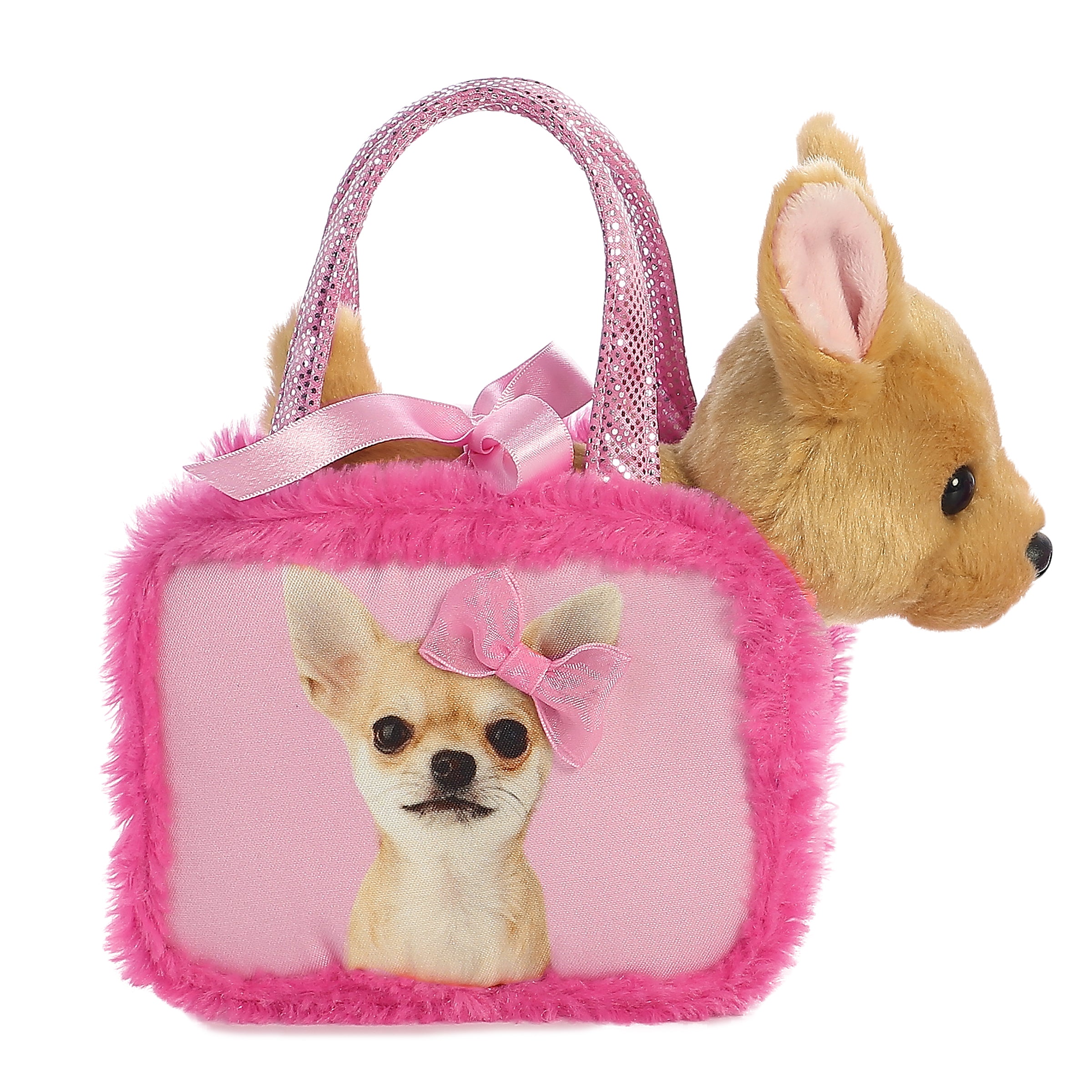 Pretty In Pink plush set from Fancy Pals by Aurora, featuring a chihuahua in a pink fur carrier