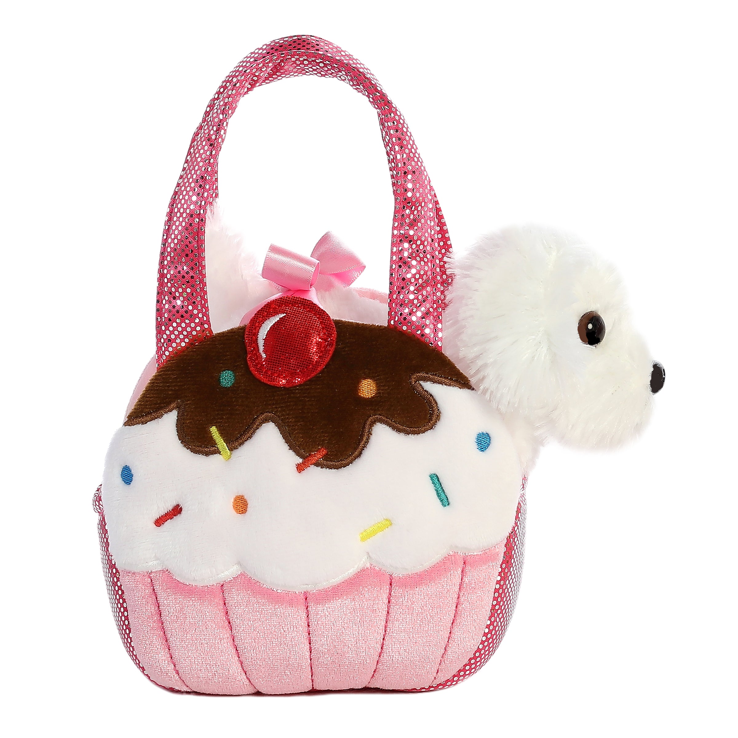 Sweets Puppy plush from Fancy Pals by Aurora, snuggled in a cupcake carrier with pink icing and a cherry