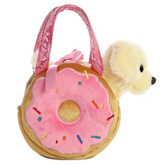 Yummy Puppy plush from Fancy Pals by Aurora, peeking from a pink doughnut carrier with colorful sprinkles