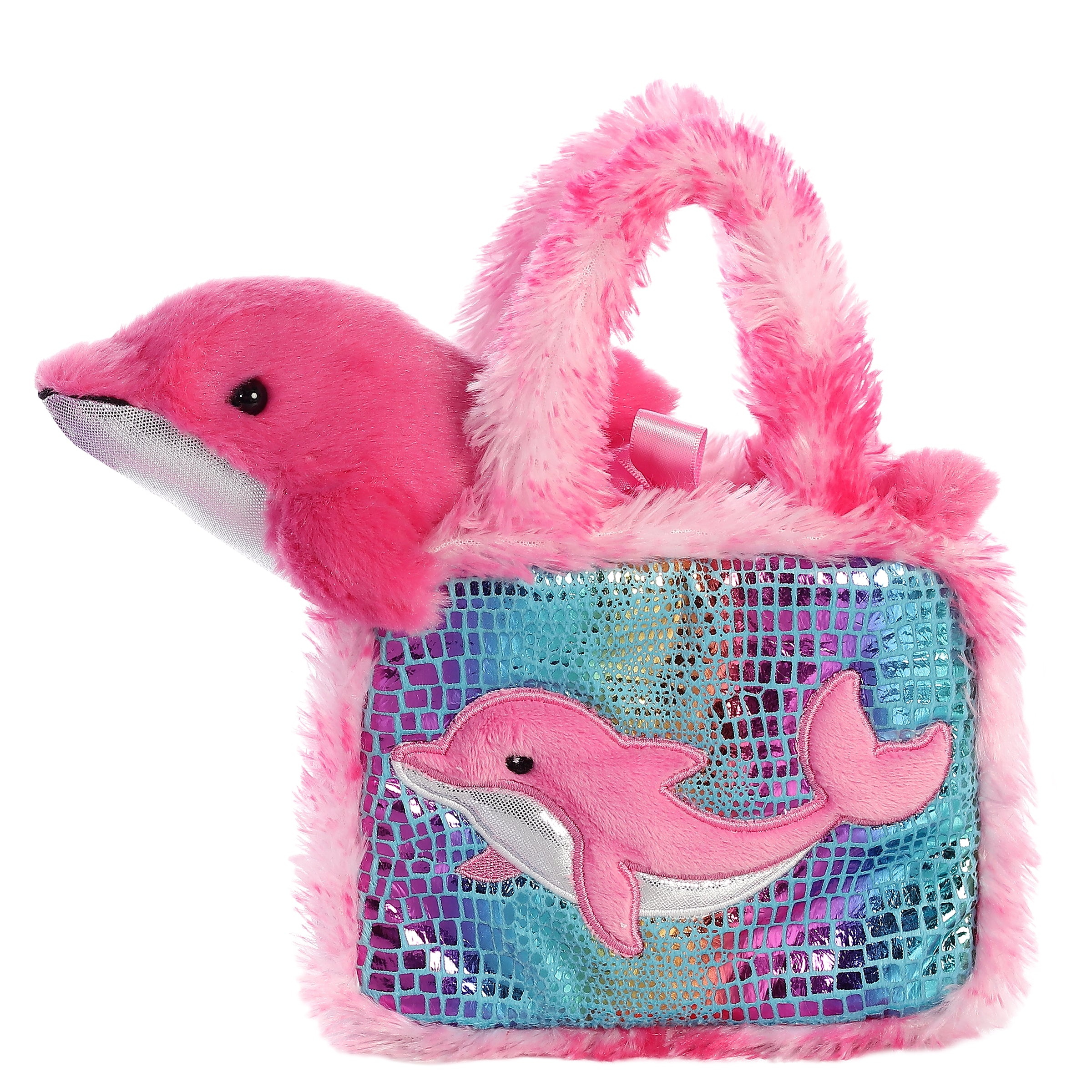 Dolphin plush from Fancy Pals by Aurora, tucked inside a blue carrier with dolphin motifs