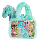 Seahorse plush from Fancy Pals by Aurora, peeking from a colorful carrier with aqua fur trim