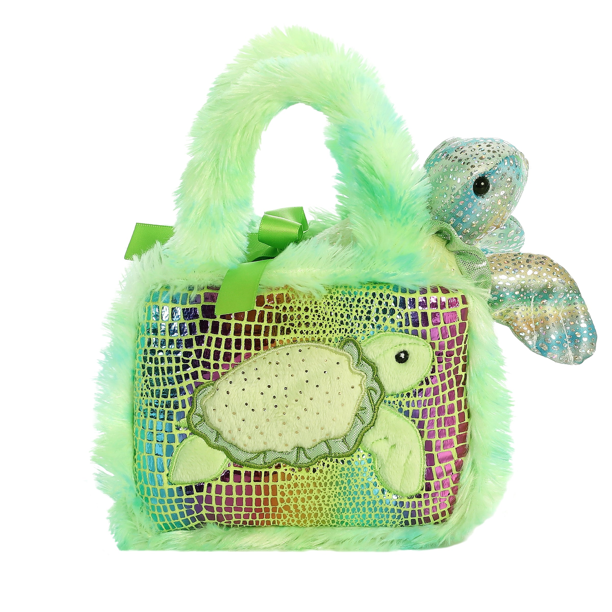 Sea Turtle plush from Fancy Pals by Aurora, peeking from a glittery aqua-green carrier with a mosaic pattern