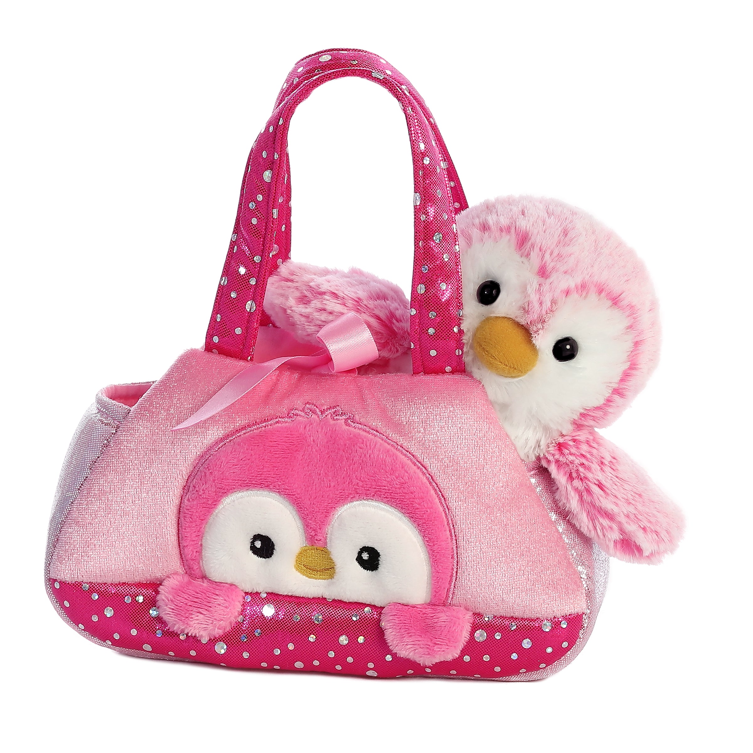 Pink PomPom Penguin plush from Fancy Pals by Aurora, peeking from a sparkly pink carrier