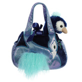 Mora Peacock plush from Fancy Pals by Aurora, in a teal carrier with faux fur and peacock feather design