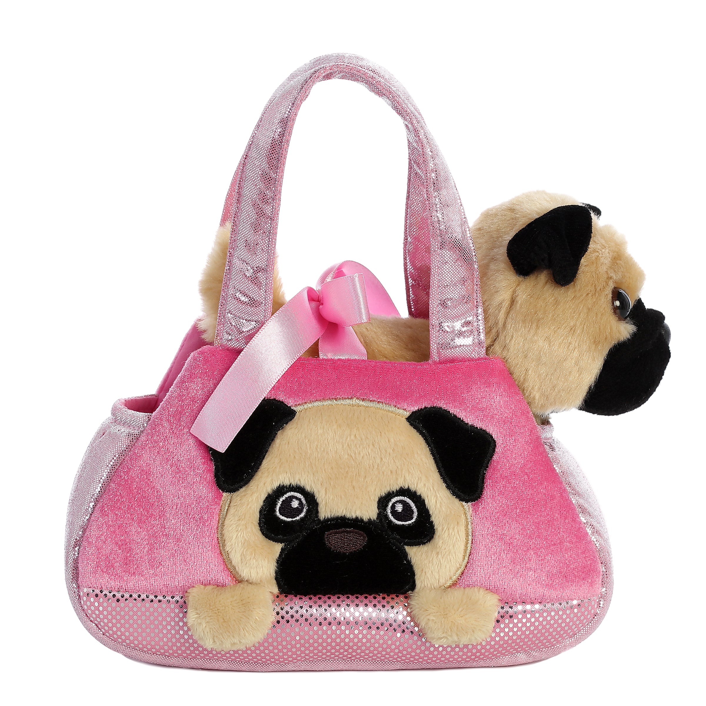 Peek-A-Boo Pug plush from Fancy Pals by Aurora, peeking from a glittery pink carrier with a pug face