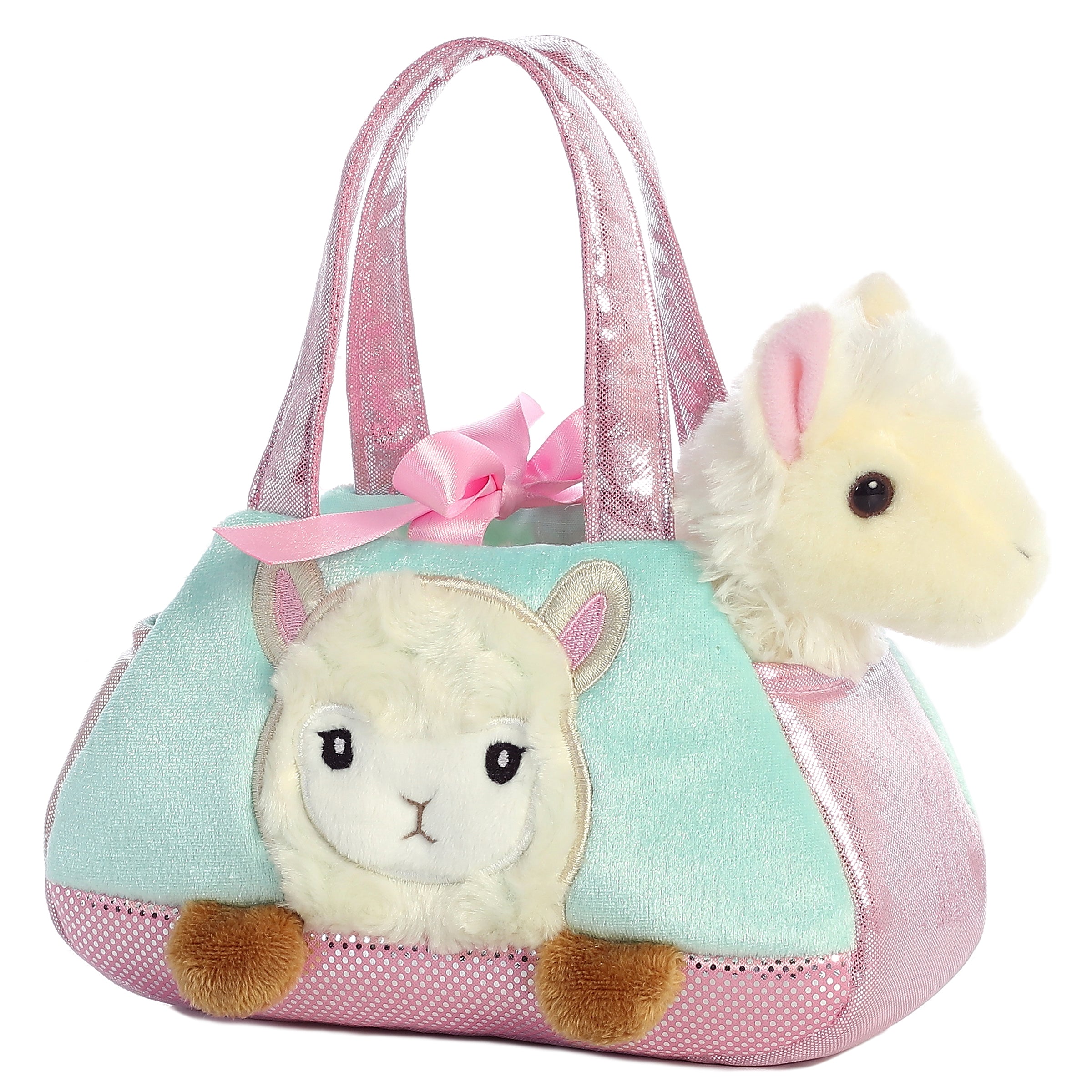 Peek-A-Boo Llama plush from Fancy Pals by Aurora, nestled in a dual-toned carrier with a llama face