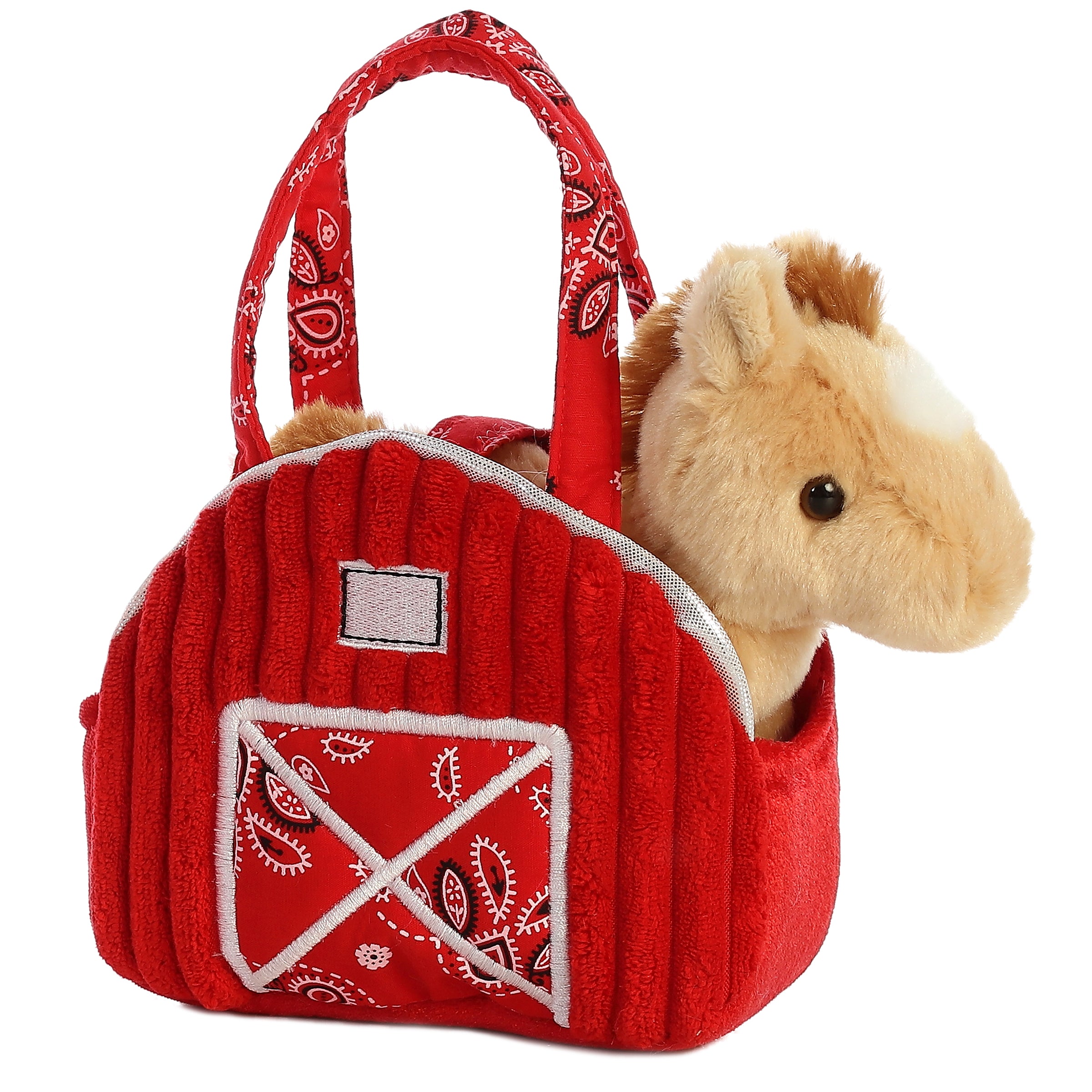 Red Barn Horse plush from Fancy Pals by Aurora, in a red barn-shaped carrier with corduroy texture