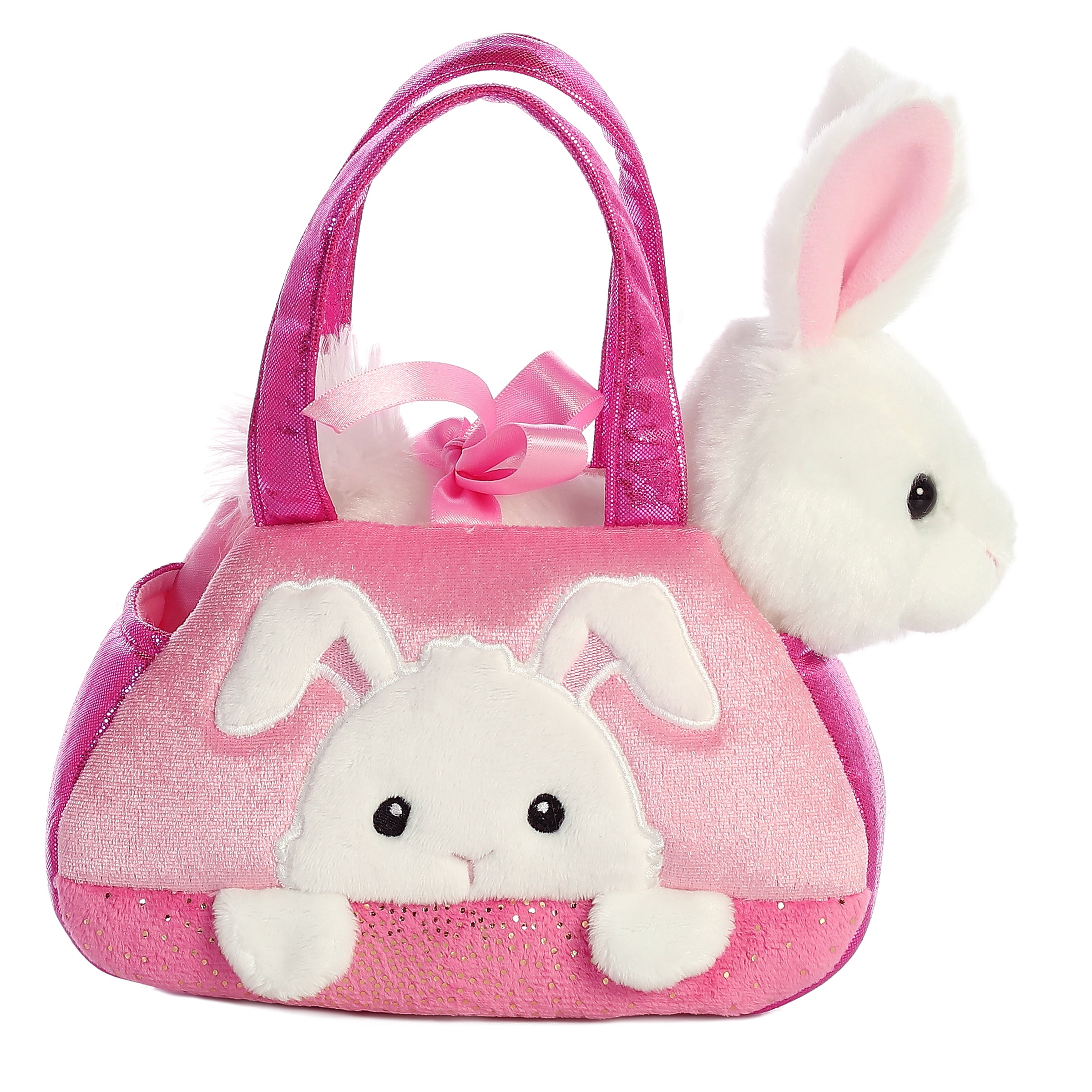 Peek-A-Boo Bunny plush from Fancy Pals by Aurora, peeking from a vibrant pink carrier with a bunny face design
