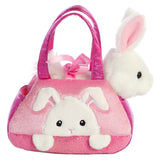 Peek-A-Boo Bunny plush from Fancy Pals by Aurora, peeking from a vibrant pink carrier with a bunny face design