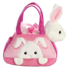 Peek-A-Boo Bunny plush from Fancy Pals by Aurora, peeking from a vibrant pink carrier with a bunny face design