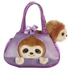 Peek-A-Boo Sloth plush from Fancy Pals by Aurora, nestled in a purple carrier with a sloth face and crown