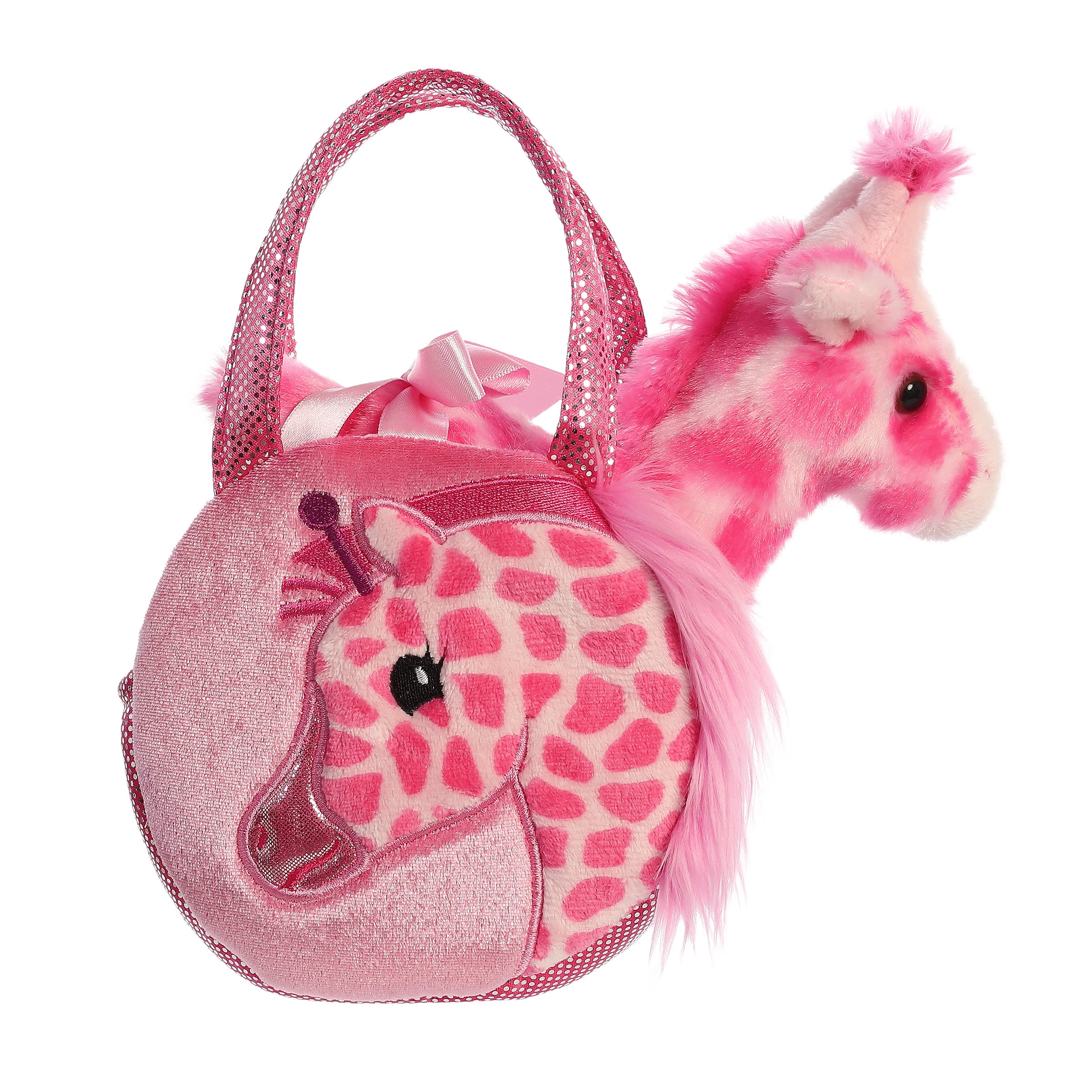 Jungle Bundles Giraffe plush from Fancy Pals by Aurora, in a pink carrier with giraffe face and polka dots
