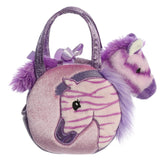 Jungle Bundles Zebra plush from Fancy Pals by Aurora, nestled in a purple carrier with zebra face and polka dots
