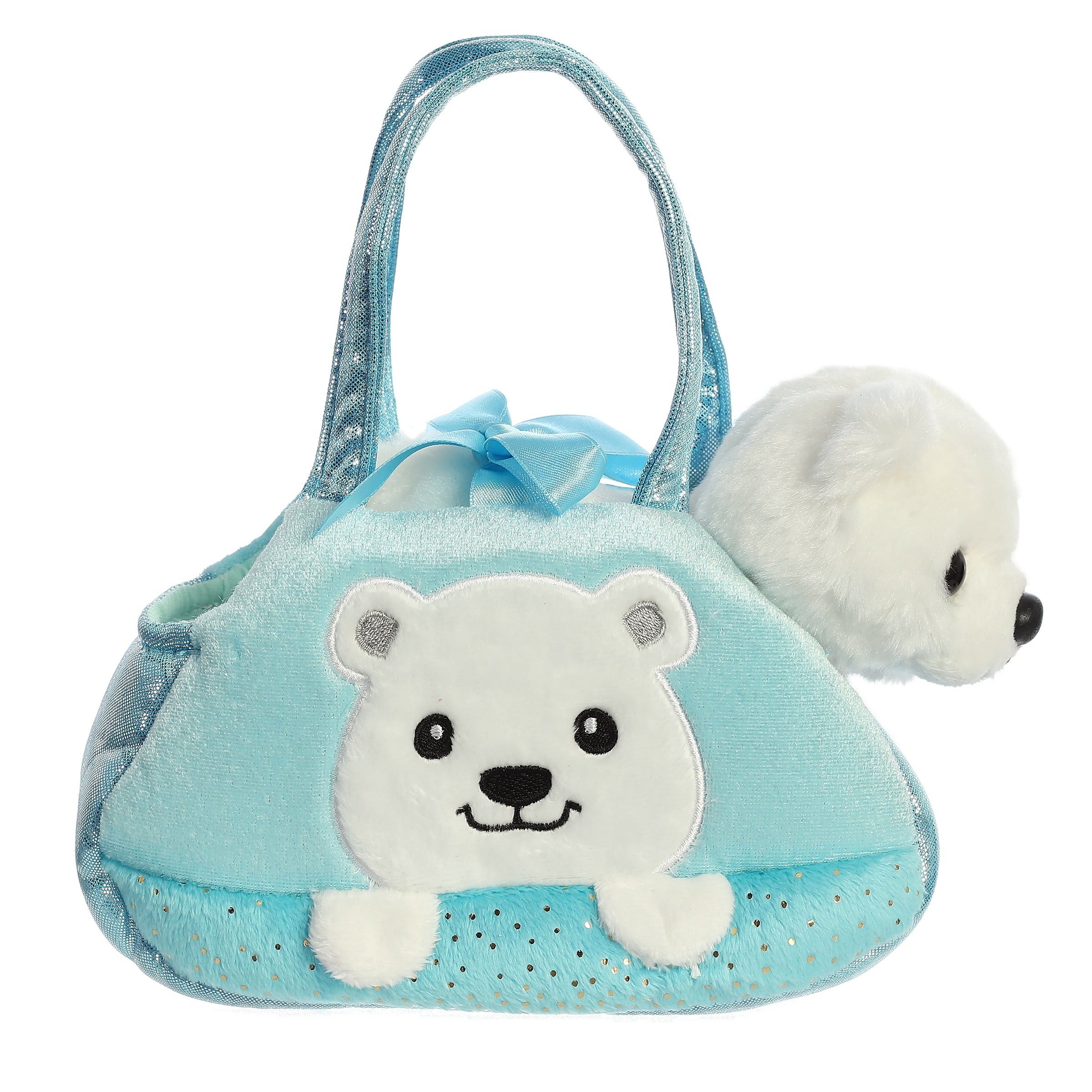 Peek-A-Boo Polar Bear plush from Fancy Pals by Aurora, in a blue carrier with polar bear face and sparkles