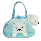Peek-A-Boo Polar Bear plush from Fancy Pals by Aurora, in a blue carrier with polar bear face and sparkles