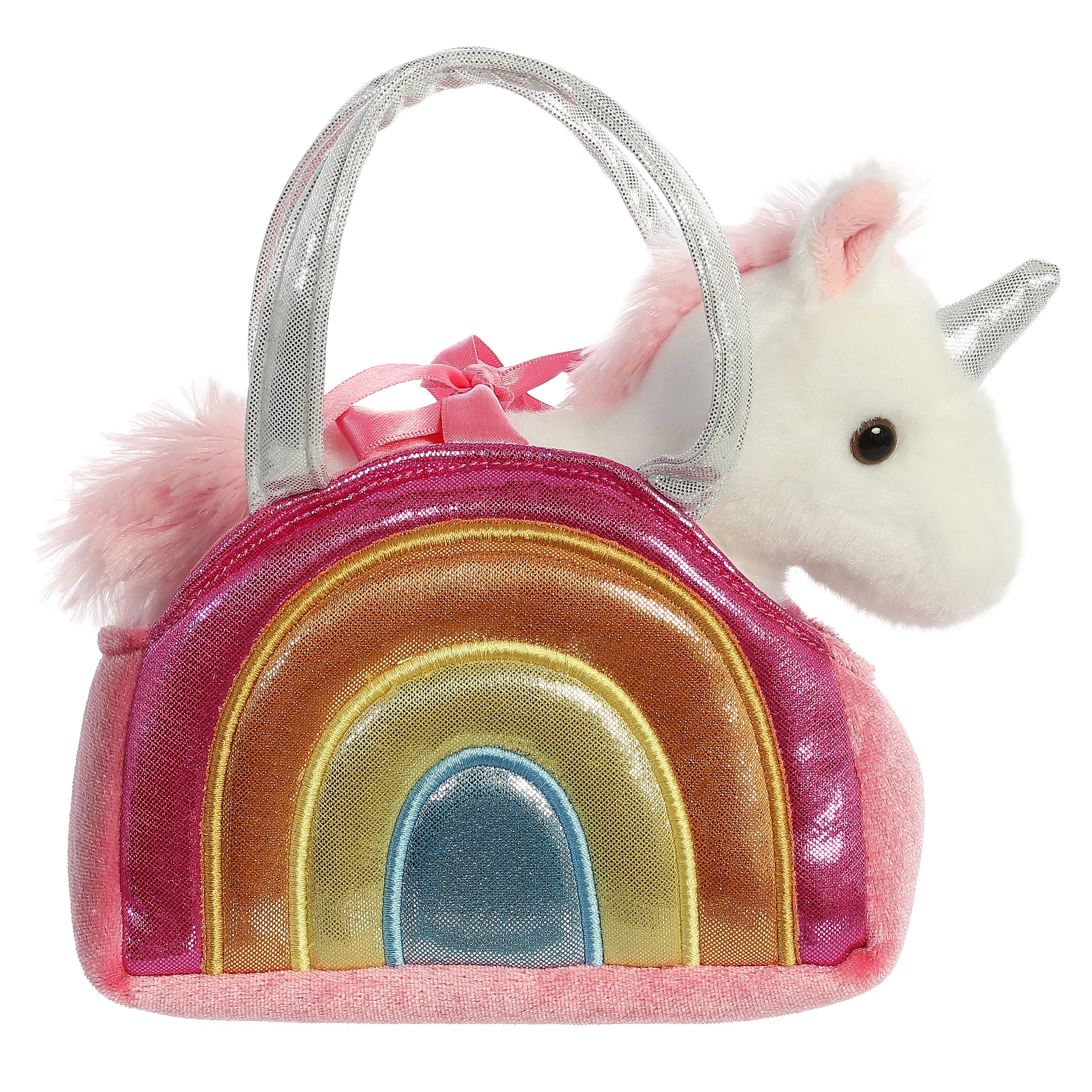 Over The Rainbow Unicorn plush from Fancy Pals by Aurora, with a silver horn, nestled in a rainbow-designed carrier
